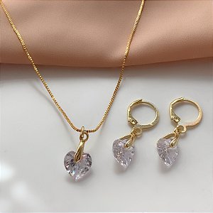 COLAR E BRINCO KIT CORAÇÃO PEDRA ZIRCÔNIA G FOLHEADO A OURO 18K⭐