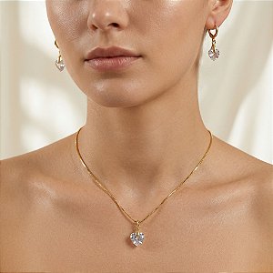 COLAR E BRINCO KIT CORAÇÃO PEDRA ZIRCÔNIA G FOLHEADO A OURO 18K⭐