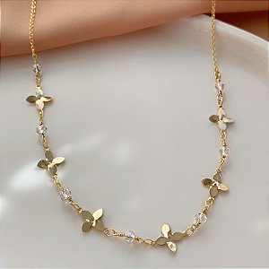 COLAR FLORZINHAS LISAS E CRISTAIS FOLHEADO A OURO 18K⭐