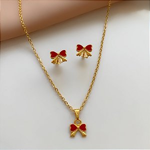 COLAR E BRINCO KIT INFANTIL LACINHO VERMELHO FOLHEADO A OURO 18K⭐
