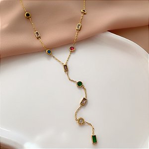 COLAR GRAVATINHA CRISTAIS FORMATOS COLORIDOS DOURADO AÇO 316L⭐️