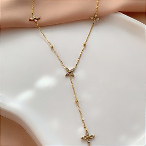 COLAR GRAVATINHA TREVOS ZIRCÔNIAS CRISTAIS DOURADO AÇO 316L⭐️