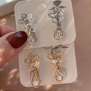 BRINCO DE PRESSÃO FLOR ZIRCÔNIAS PINGENTE GOTA PENDENTE LISO BIJU