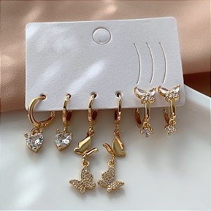 BRINCO KIT ARGOLINHAS BORBOLETAS ZIRCÔNIAS E CORAÇÃO PONTO DE LUZ BIJU