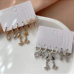 BRINCO KIT ARGOLINHAS BORBOLETAS ZIRCÔNIAS E CORAÇÃO PONTO DE LUZ BIJU