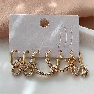 BRINCO KIT ARGOLAS E PINGETNES ZIRCÔNIAS BIJU