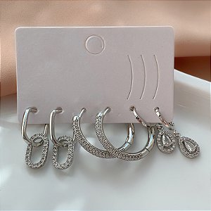 BRINCO KIT ARGOLAS E PINGETNES ZIRCÔNIAS BIJU