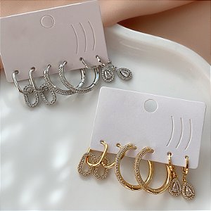 BRINCO KIT ARGOLAS E PINGETNES ZIRCÔNIAS BIJU