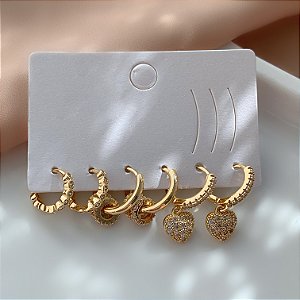 BRINCO KIT ARGOLINHAS LISAS E ZIRCÔNIAS CORAÇÃO CRAVEJADO BIJU