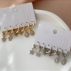 BRINCO KIT ARGOLINHAS CORAÇÃO, ESTRELA E GOTA ZIRCÔNIAS BIJU