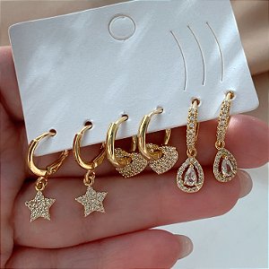 BRINCO KIT ARGOLINHAS CORAÇÃO, ESTRELA E GOTA ZIRCÔNIAS BIJU