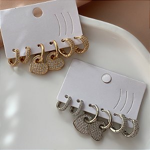 BRINCO KIT ARGOLINHAS FORMATOS PINGENTE CORAÇÃO ZIRCÔNIAS BIJU