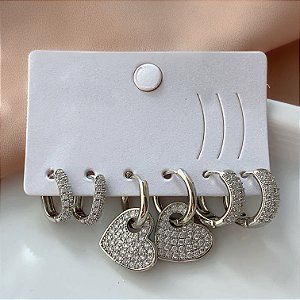 BRINCO KIT ARGOLINHAS FORMATOS PINGENTE CORAÇÃO ZIRCÔNIAS BIJU