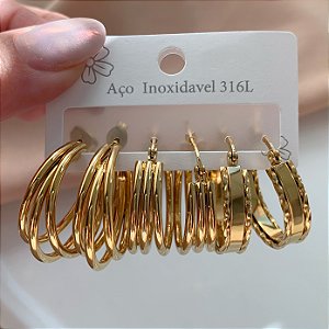 BRINCO KIT ARGOLAS DISTINTAS TRÊS FIOS DOURADO AÇO 316L⭐️