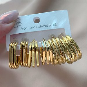 BRINCO KIT ARGOLAS DIFERENTES TRÊS FIOS LISOS E TEXTURIZADOS DOURADO AÇO 316L⭐️
