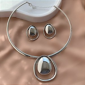 COLAR E BRINCO KIT ARO PINGENTE ORGÂNICO BIJU