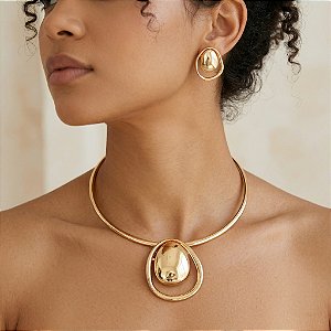 COLAR E BRINCO KIT ARO PINGENTE ORGÂNICO BIJU