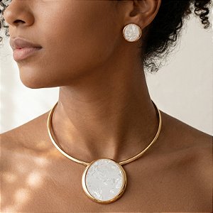 COLAR E BRINCO KIT ARO MADREPÉROLA REDONDO BIJU