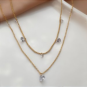 COLAR DUPLO CORRENTE BOLINHAS CORAÇÕES CRISTAIS DOURADO AÇO 316L⭐️