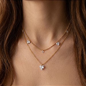 COLAR DUPLO CORRENTE BOLINHAS CORAÇÕES CRISTAIS DOURADO AÇO 316L⭐️