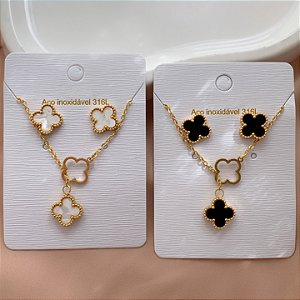 COLAR E BRINCO KIT GRAVATINHA TREVO RESINADO BORDA BOLINHA DOURADO AÇO 316L⭐️