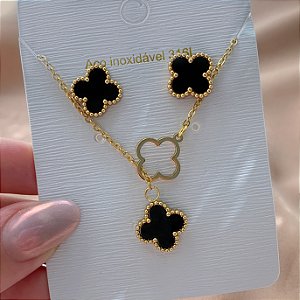 COLAR E BRINCO KIT GRAVATINHA TREVO RESINADO BORDA BOLINHA DOURADO AÇO 316L⭐️