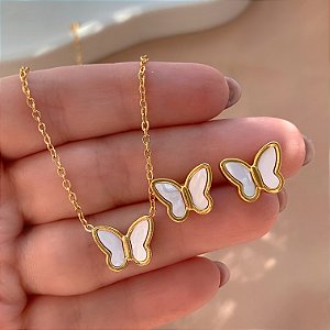 COLAR E BRINCO KIT BORBOLETINHA RESINADA DELICADA DOURADO AÇO 316L⭐️