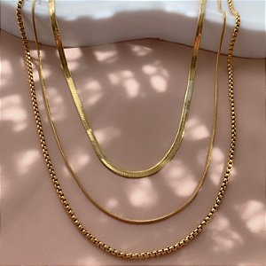 COLAR CORRENTE TRIPLAFITA FINA, RABO DE RATO E VENEZIANA DOURADO AÇO 316L⭐️