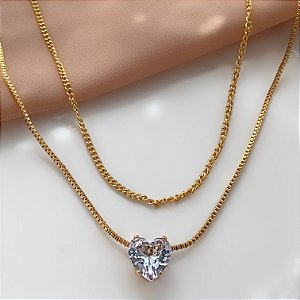 COLAR DUPLO CORAÇÃO PEDRA ZIRCÔNIA DOURADO AÇO 316L⭐️