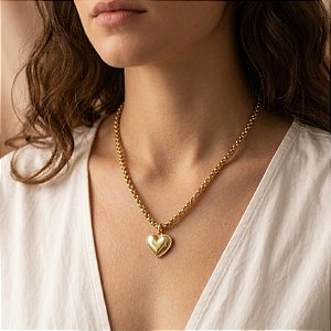 COLAR CORRENTE GROSSA PINGENTE CORAÇÃO DOURADO AÇO 316L⭐️