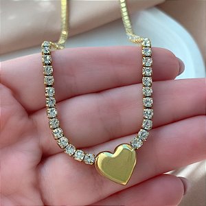 COLAR RIVIERA PINGENTE CORAÇÃO LISO DOURADO AÇO 316L⭐️