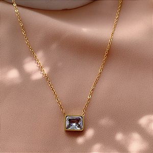 COLAR CORRENTE DELICADA PEDRA ZIRCÔNIA RETANGULAR DOURADO AÇO 316L⭐️