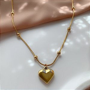 COLAR CORRENTE BOLINHAS PINGENTE CORAÇÃO LISO DOURADO AÇO 316L⭐️