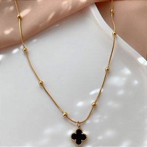 COLAR CORRENTE BOLINHAS TREVO RESINADO PRETO DOURADO AÇO 316L⭐️