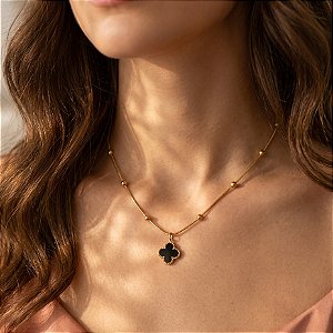 COLAR CORRENTE BOLINHAS TREVO RESINADO PRETO DOURADO AÇO 316L⭐️