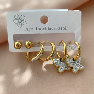 BRINCO KIT ARGOLINHAS BORBOLETA ZIRCÔNIAS DOURADO AÇO 316L⭐️