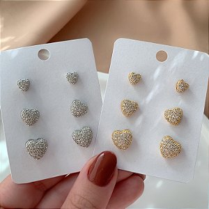 BRINCO KIT CORAÇÕES CRAVEJADOS EM ZIRCÔNIAS BIJU