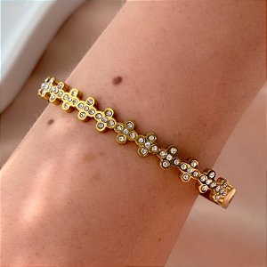 PULSEIRA / BRACELETE MINI TREVOS ZIRCÔNIAS DOURADO AÇO 316L⭐️