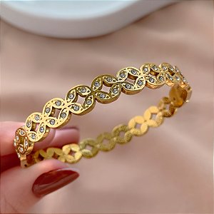 PULSEIRA / BRACELETE TREVOS VAZADOS ZIRCÔNIAS DOURADO AÇO 316L⭐️