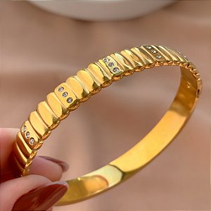 PULSEIRA / BRACELETE TRAÇOS VERTICAIS DETALHES ZIRCÔNIAS DOURADO AÇO 316L⭐️