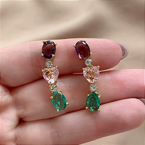 BRINCO EAR CUFF PEDRAS ZIRCÔNIAS OVAIS E CORAÇÃO DOURADO BIJU