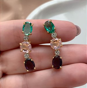 BRINCO EAR CUFF PEDRAS ZIRCÔNIAS OVAIS E BOLINHA DOURADO BIJU