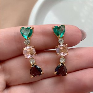 BRINCO EAR CUFF PEDRAS ZIRCÔNIAS CORAÇÕES E BOLINHA DOURADO BIJU