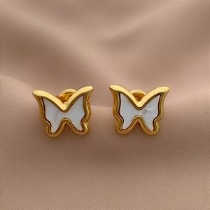 BRINCO BORBOLETA MADREPÉROLA DOURADO AÇO 316L⭐️