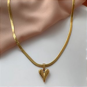 COLAR CORRENTE FITA PINGENTE CORAÇÃO ALONGADO DOURADO AÇO 316L⭐️