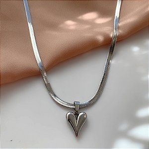 COLAR CORRENTE FITA PINGENTE CORAÇÃO ALONGADO AÇO 316L⭐️
