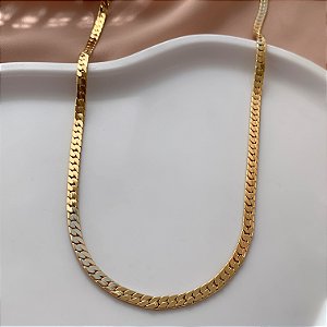 COLAR LONGO CORRENTE GRUMET DETALHADA ACHATADA DOURADO AÇO 316L⭐️
