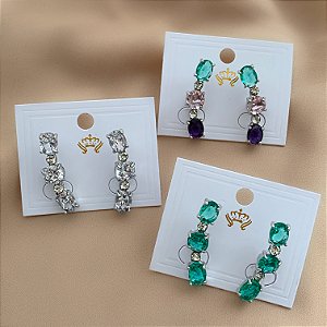 BRINCO EAR CUFF PEDRAS ZIRCÔNIAS OVAIS E BOLINHA PRATEADO BIJU