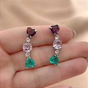BRINCO EAR CUFF PEDRAS ZIRCÔNIAS CORAÇÕES E BOLINHAS PRATEADO BIJU