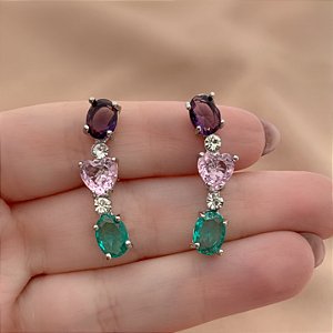 BRINCO EAR CUFF PEDRAS ZIRCÔNIAS OVAIS E CORAÇÃO PRATEADO BIJU